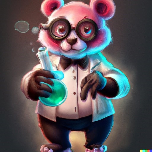 Digitale prent van een roze panda als wetenschapper